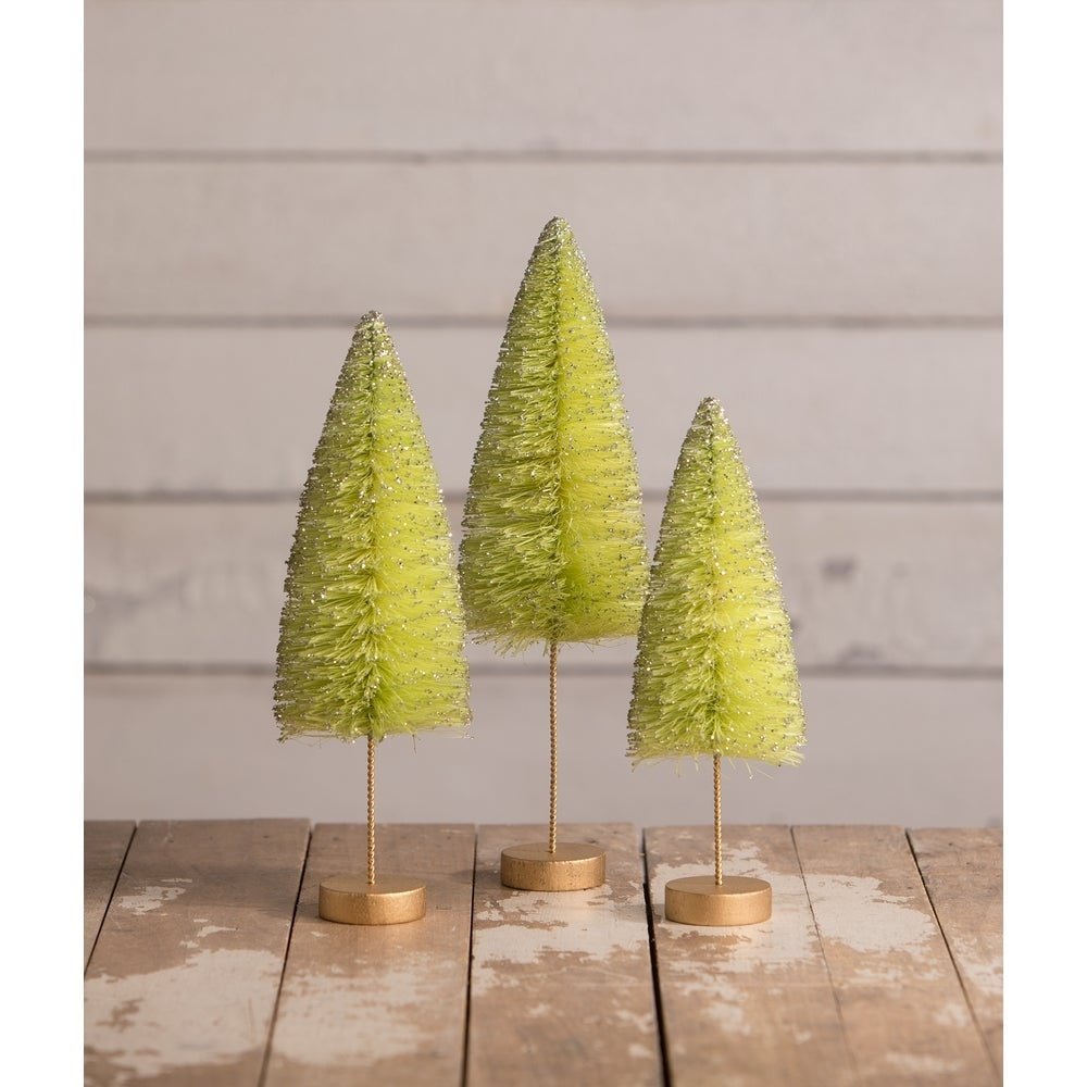 Lime Green Bottle Brush Trees Set of 3 by Bethany Lowe by Quirks! at Shirley Shoppe