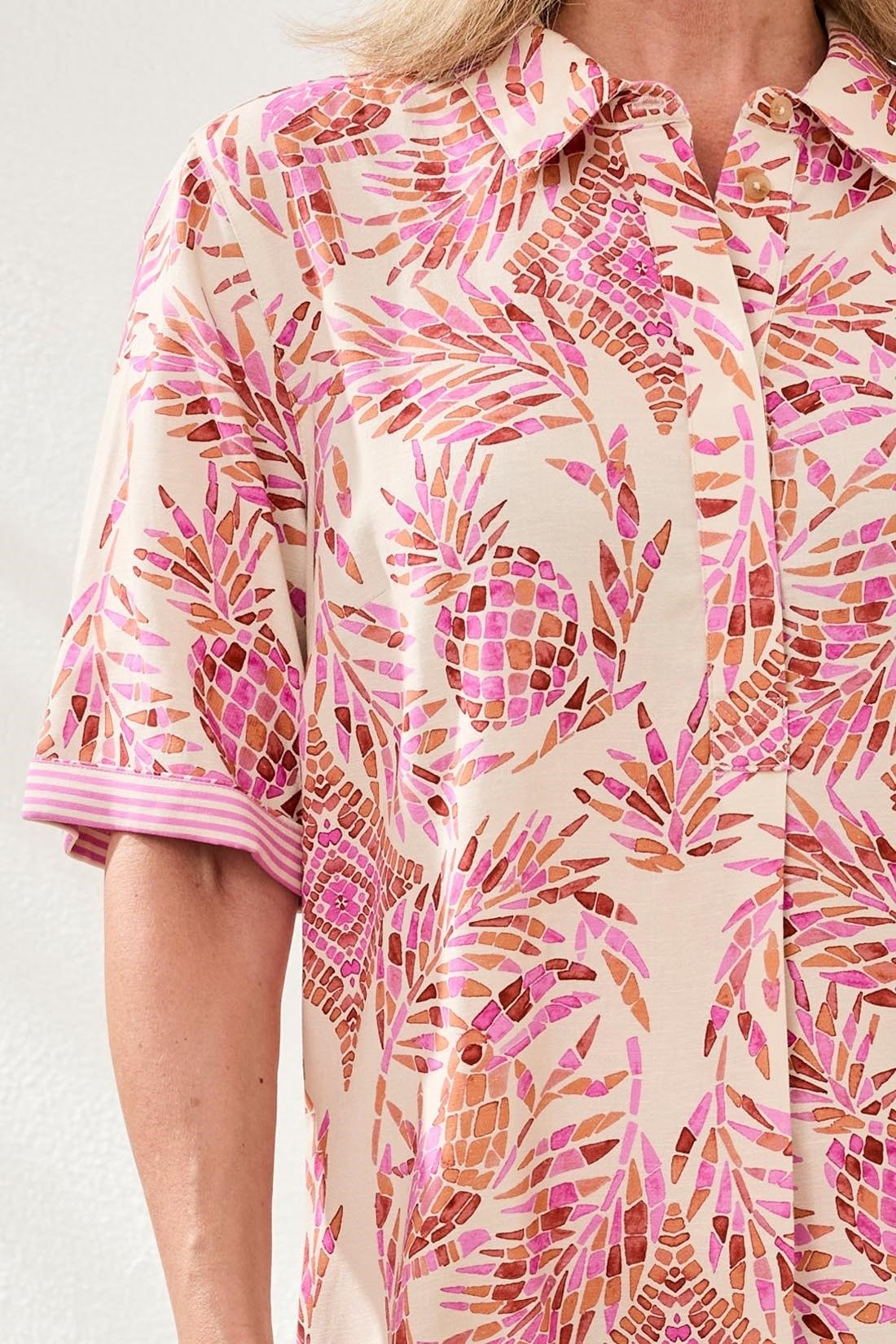 Linen Rayon Short Sleeve Collared Shift Dress by Tribal at Shirley Shoppe