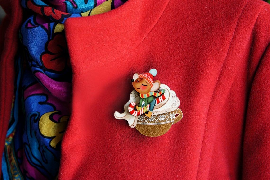 Little Mouse on Cappuccino Cream Brooch by Laliblue by Quirks! at Shirley Shoppe