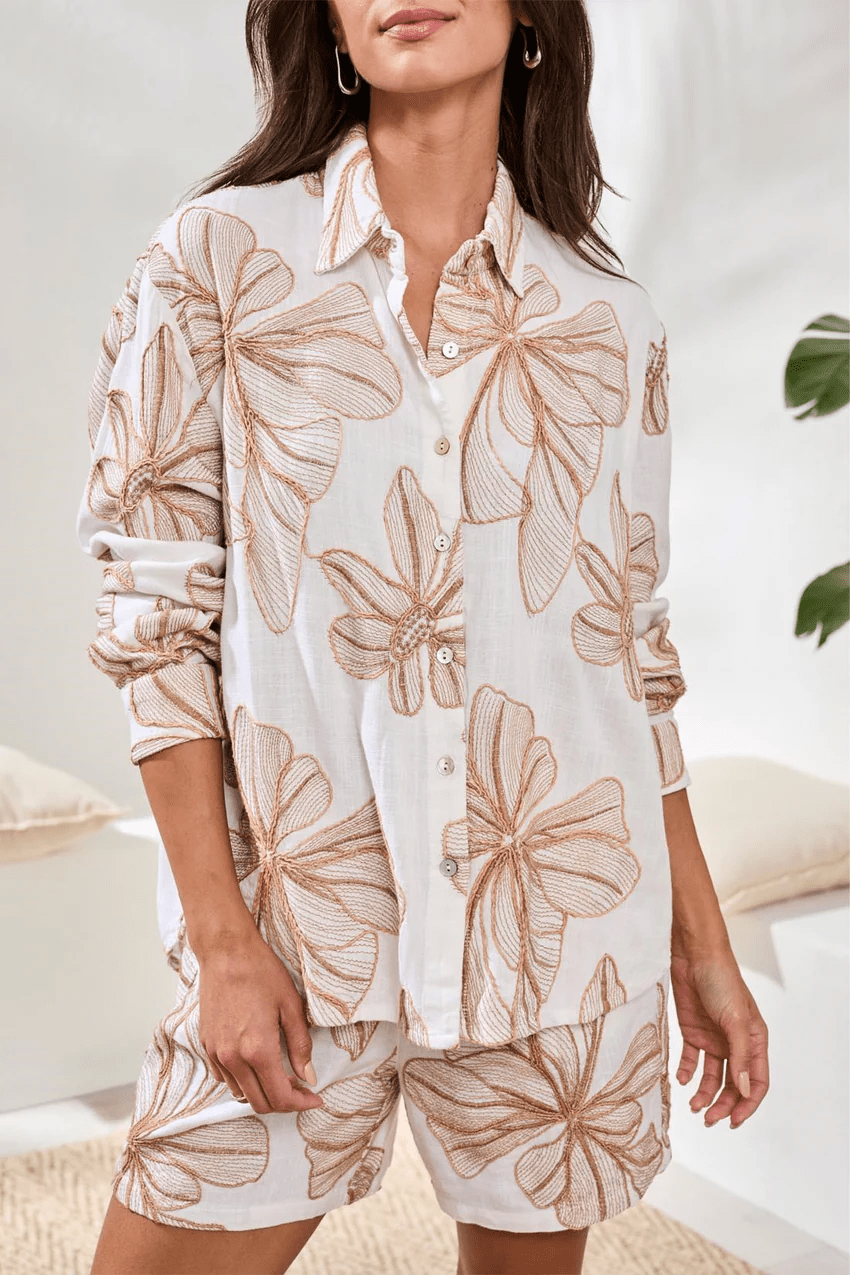Long Sleeve Button Front Blouse with Embroidery by Tribal at Shirley Shoppe