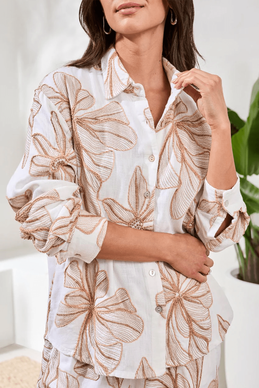 Long Sleeve Button Front Blouse with Embroidery by Tribal at Shirley Shoppe