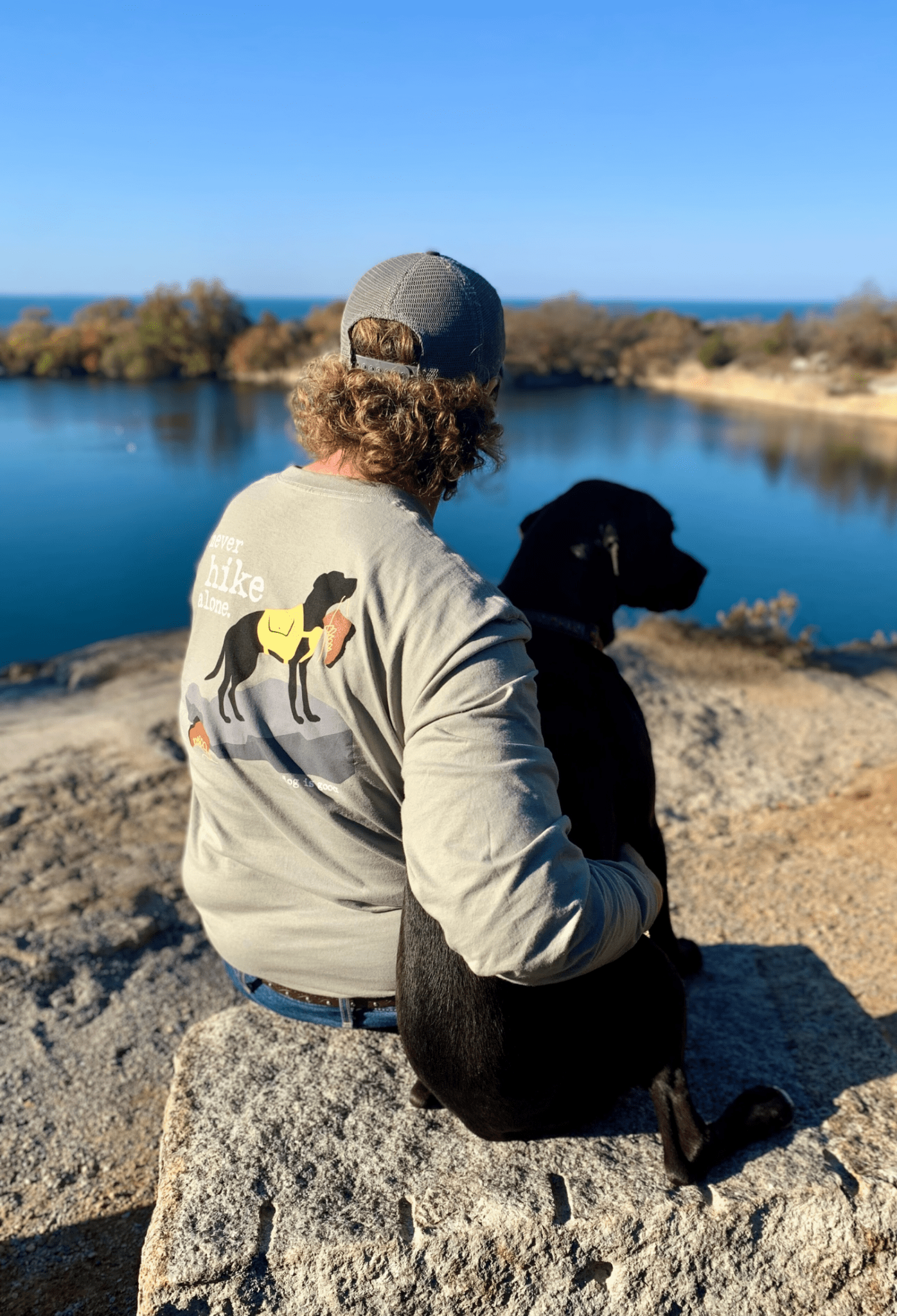 Long Sleeve T-shirt: Never Hike Alone by Dog is Good at Shirley Shoppe