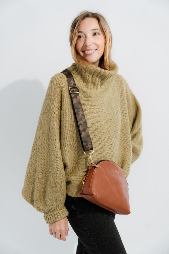 Hopper | Riveter Tan Leather Crossbody Bag with Camo Webbed Strap