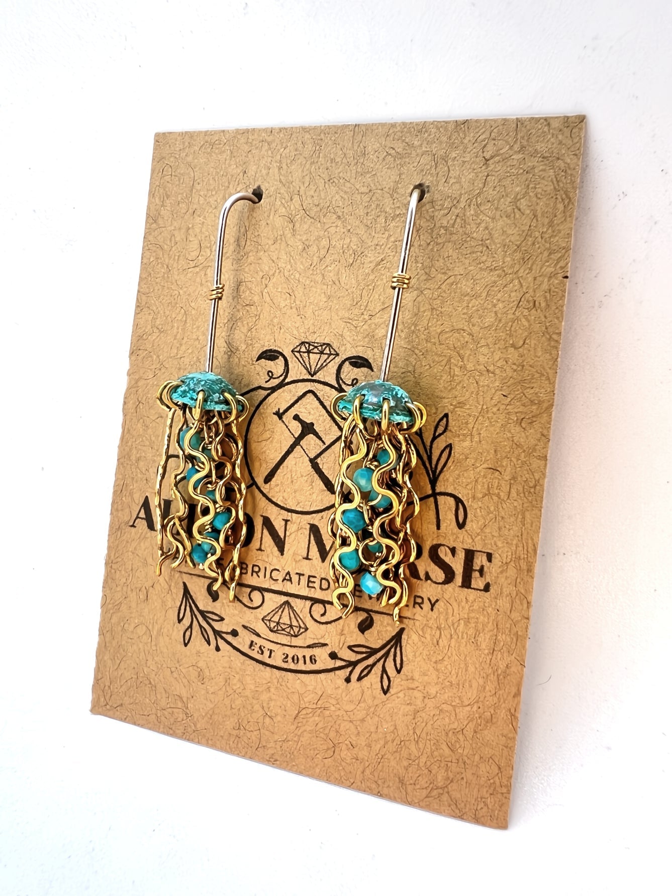 Mini Green Jellyfish Earrings with Turquoise Beads and Sterling Silver Earwires by Alison Morse at Shirley Shoppe