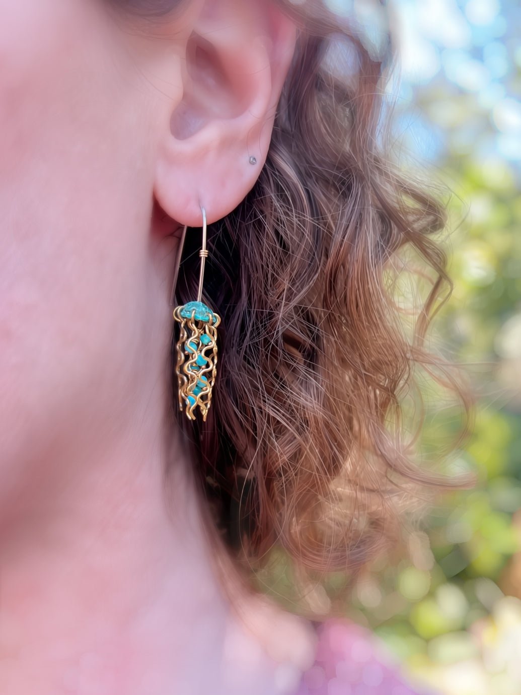 Mini Green Jellyfish Earrings with Turquoise Beads and Sterling Silver Earwires by Alison Morse at Shirley Shoppe