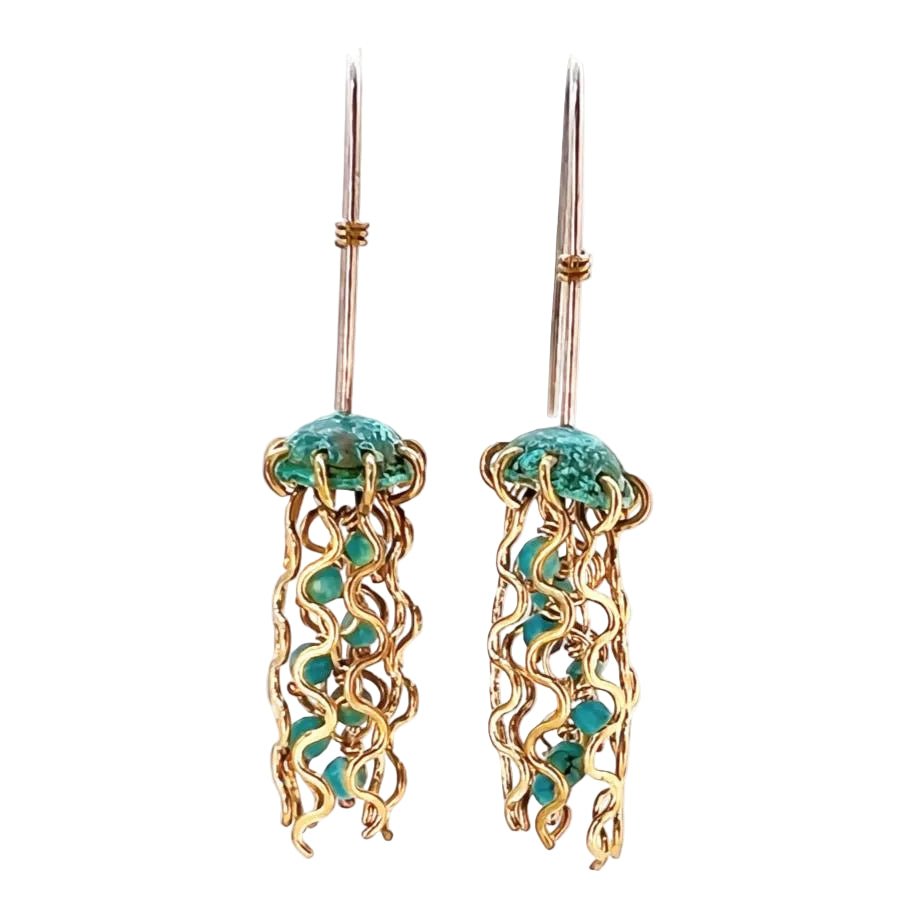 Mini Green Jellyfish Earrings with Turquoise Beads and Sterling Silver Earwires by Alison Morse at Shirley Shoppe