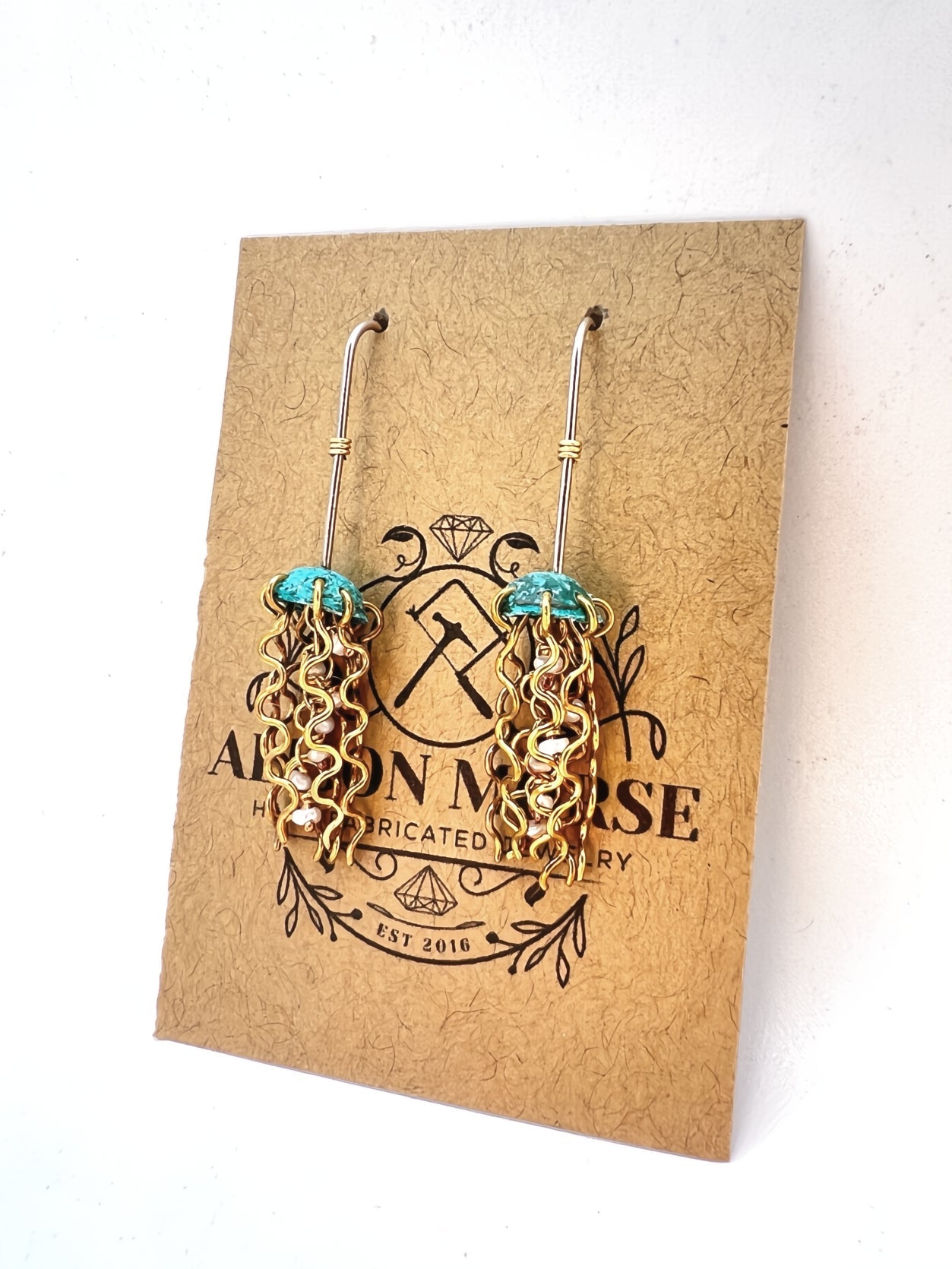 Mini Green Jellyfish Earrings with White Pearls and Sterling Silver Earwires by Alison Morse at Shirley Shoppe