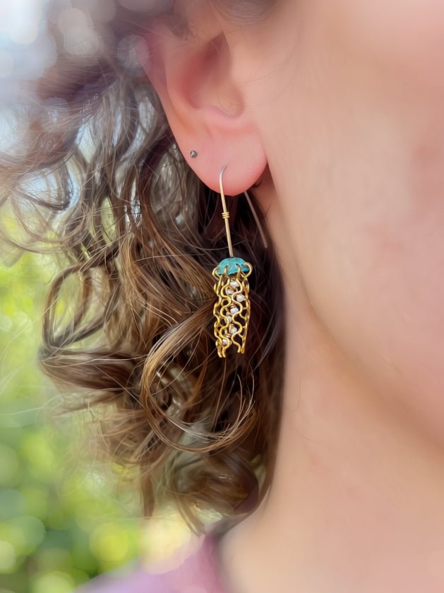 Mini Green Jellyfish Earrings with White Pearls and Sterling Silver Earwires by Alison Morse at Shirley Shoppe