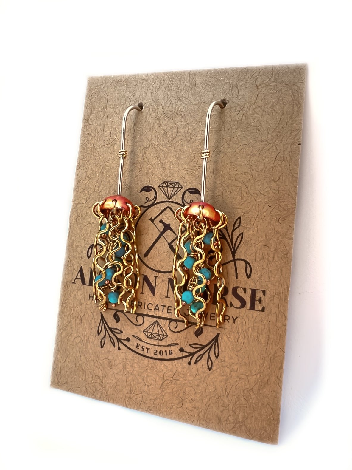 Mini Red Copper Jellyfish Earrings with Turquoise Beads and Sterling Silver Earwires by Alison Morse at Shirley Shoppe