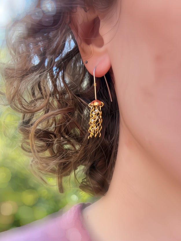 Mini Red Copper Jellyfish Earrings with White Pearls and Sterling Silver Earwires by Alison Morse at Shirley Shoppe