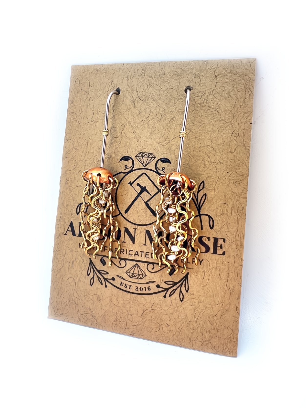 Mini Red Copper Jellyfish Earrings with White Pearls and Sterling Silver Earwires by Alison Morse at Shirley Shoppe