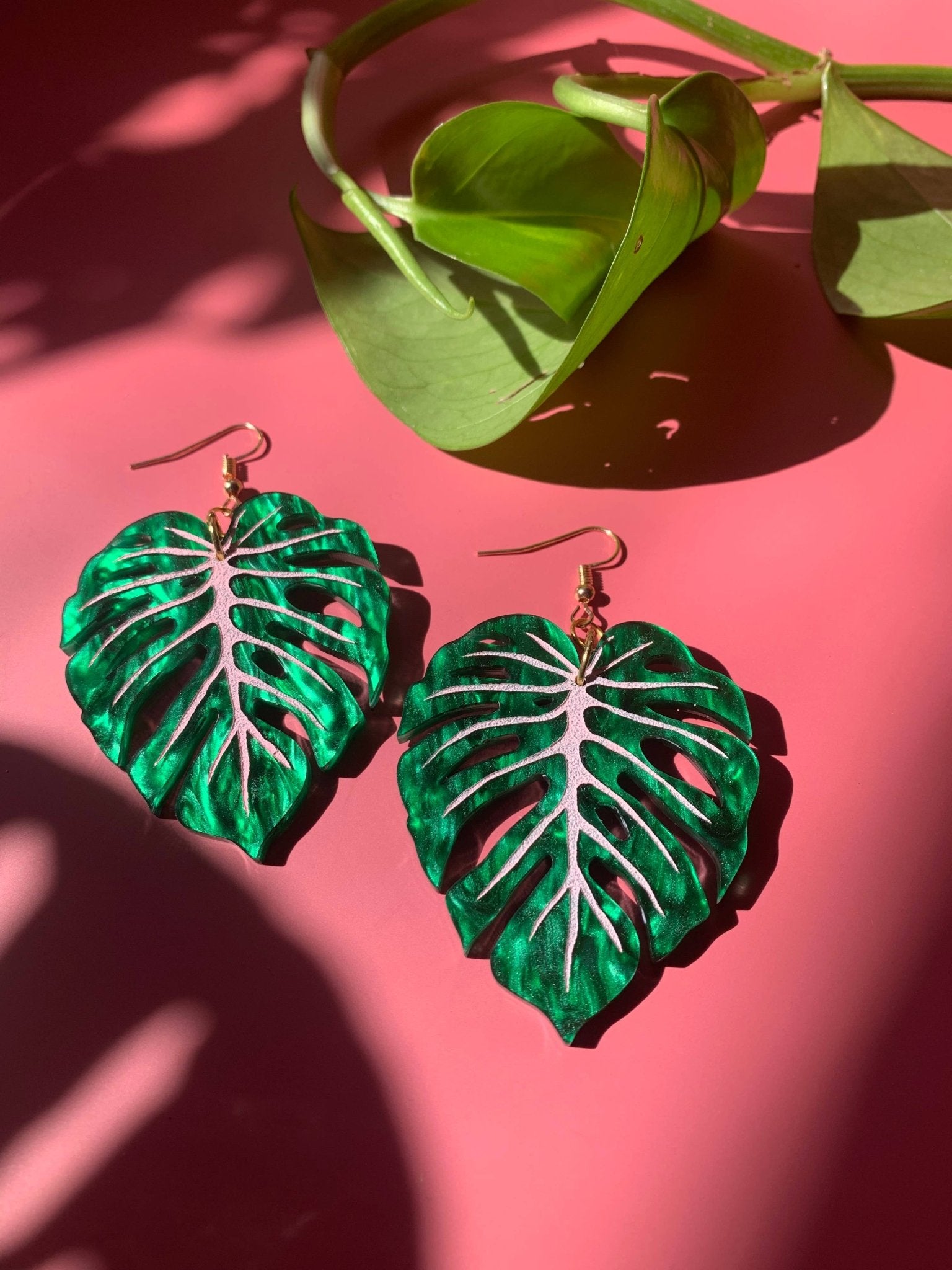 Monstera Leaf Acrylic Statement Earrings by Quirks! at Shirley Shoppe