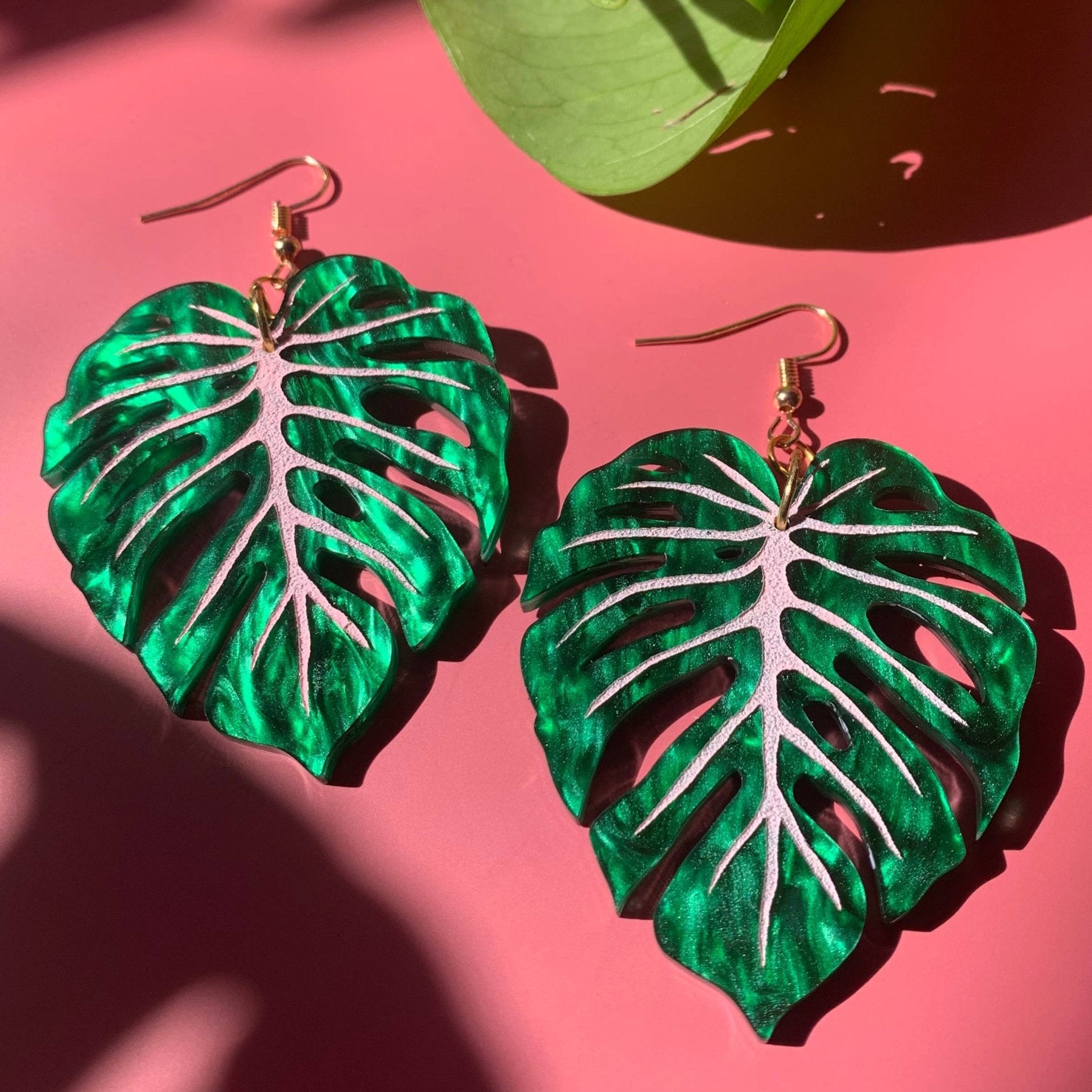 Monstera Leaf Acrylic Statement Earrings by Quirks! at Shirley Shoppe