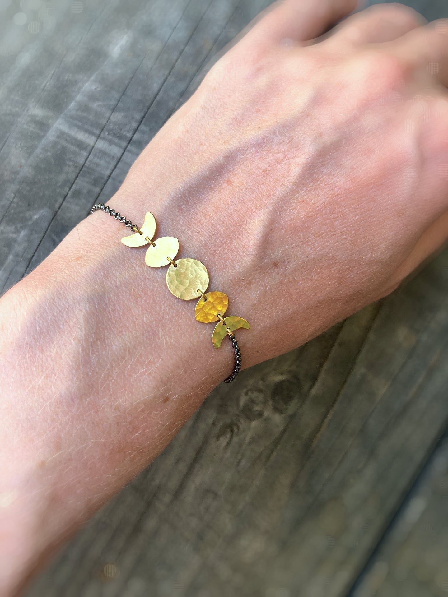 Moon Phase Bracelet in Oxidized Sterling Silver and Brass by Alison Morse at Shirley Shoppe