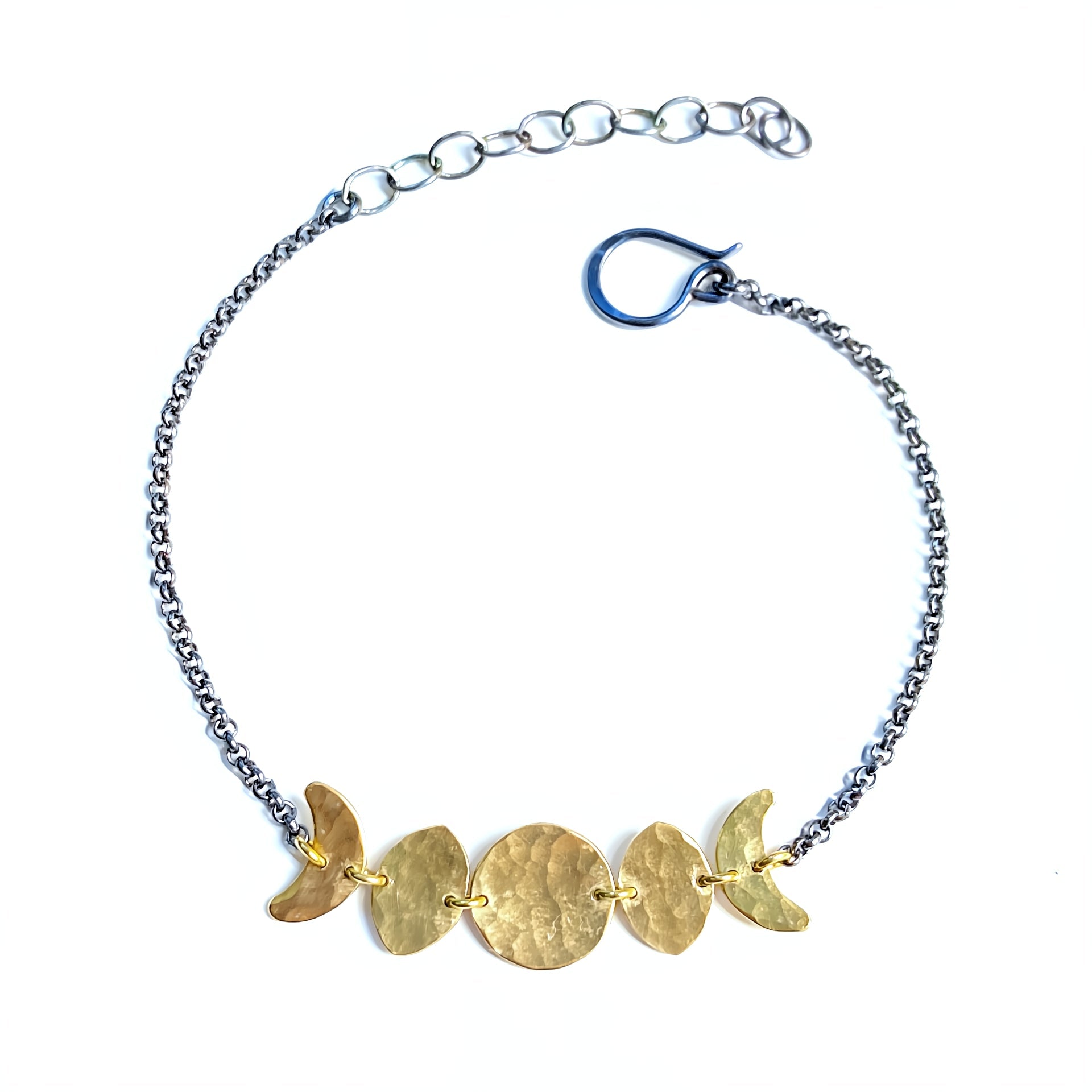 Moon Phase Bracelet in Oxidized Sterling Silver and Brass by Alison Morse at Shirley Shoppe