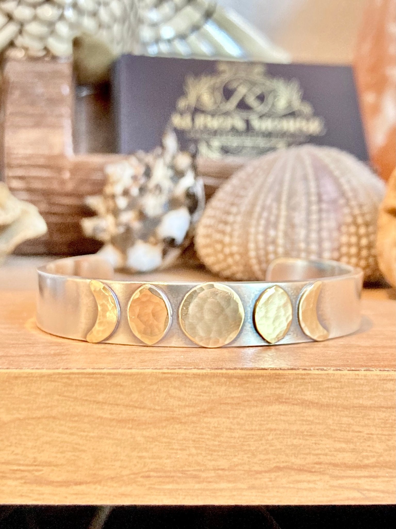 Moon Phase Cuff Bracelet in Sterling Silver and Brass by Alison Morse at Shirley Shoppe
