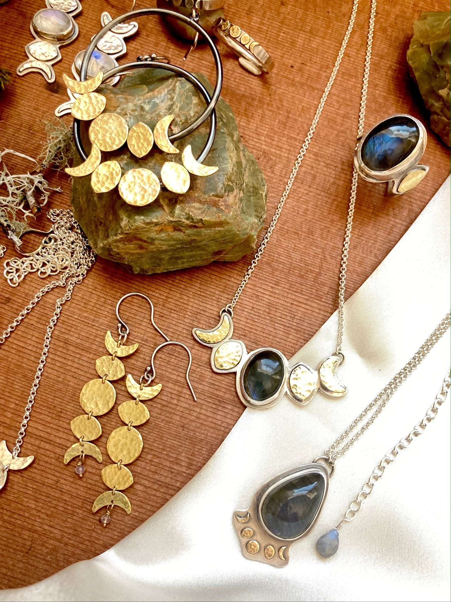 Moon Phase Earrings in Brass by Alison Morse at Shirley Shoppe