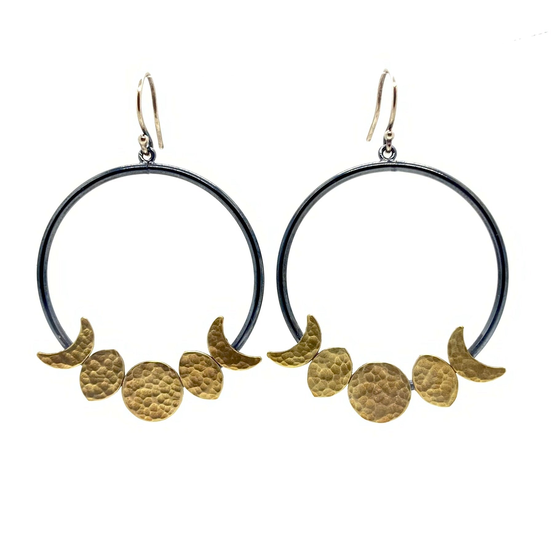Moon Phase Hoop Earrings in Oxidized Sterling Silver and Brass by Alison Morse at Shirley Shoppe