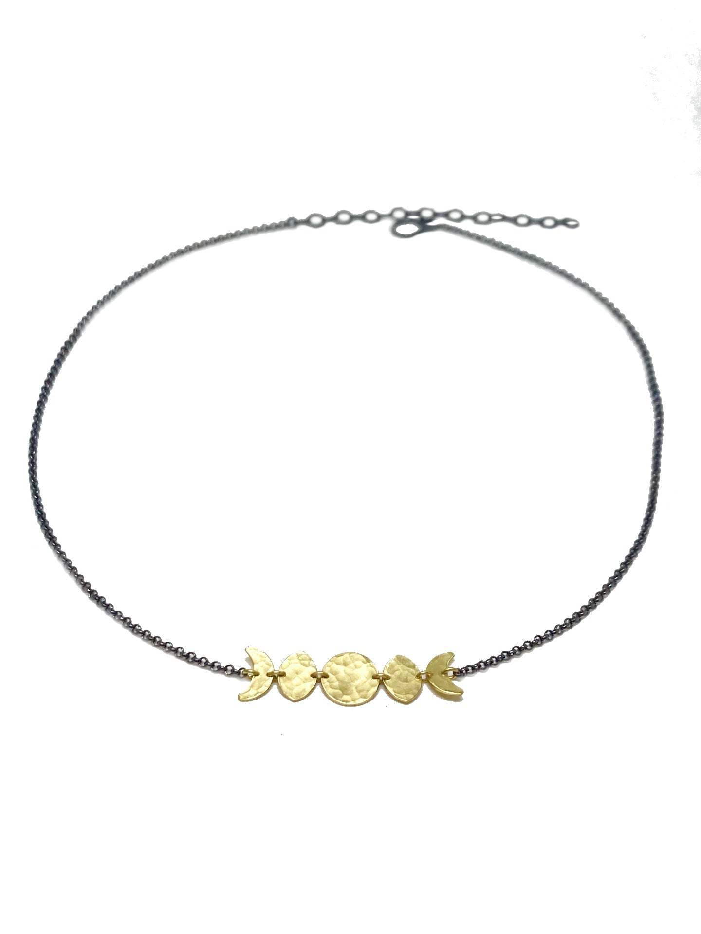 Moon Phase Necklace in Oxidized Sterling Silver and Brass by Alison Morse at Shirley Shoppe