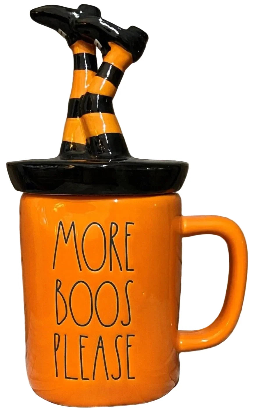 Rae Dunn MORE BOOS PLEASE Orange Mug with Witch Legs Topper