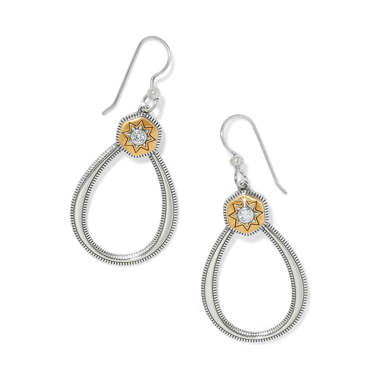 Brighton drop earrings with two-tone teardrop hoops and gold star medallions with crystal centers on a white background