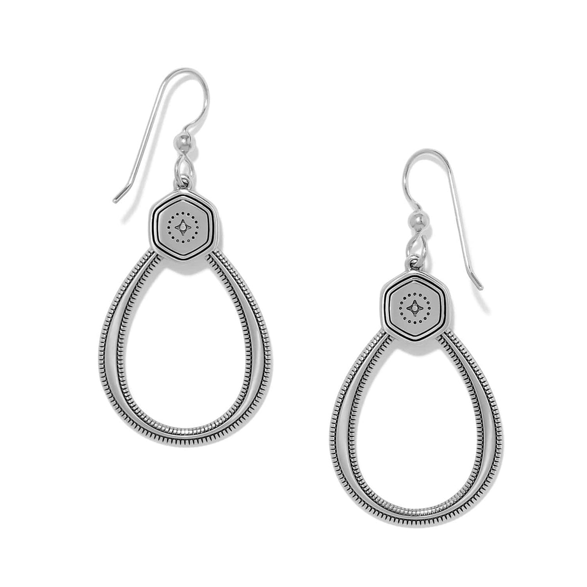 Brighton drop earrings with silver-tone teardrop hoops, hexagon tops, and beaded textured detailing on a white background