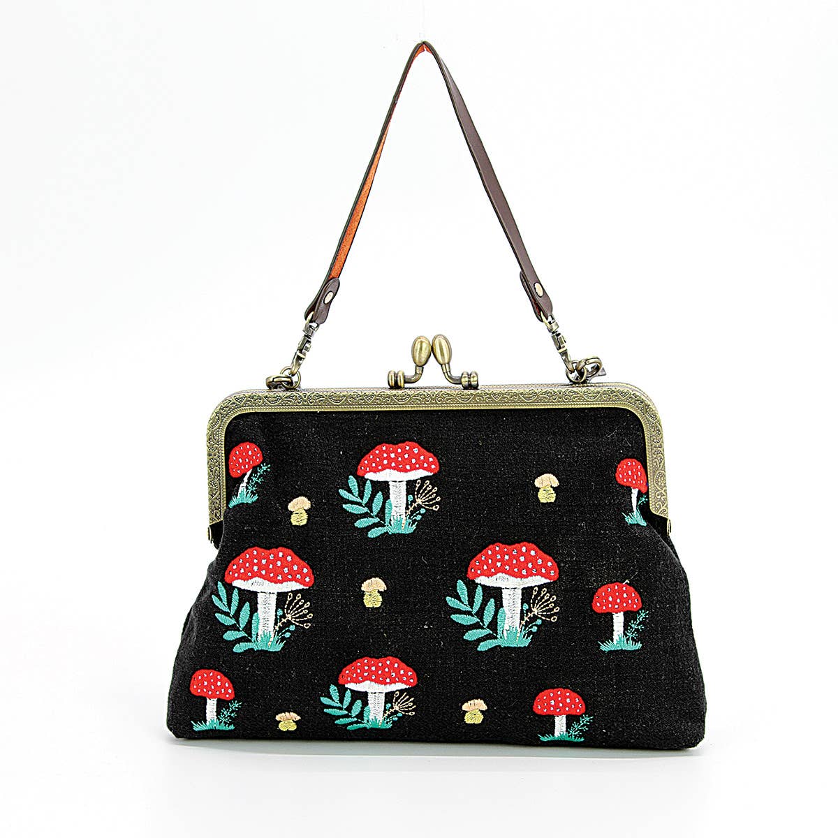 Mushrooms Kisslock Frame Handbag in Cotton: Black by Quirks! at Shirley Shoppe