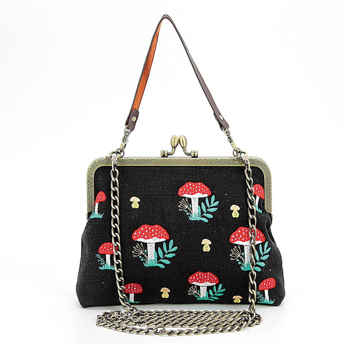 Mushrooms Kisslock Frame Handbag in Cotton: Black by Quirks! at Shirley Shoppe