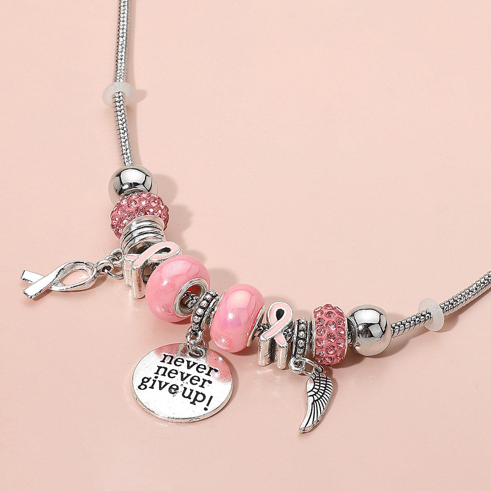 Never Give Up Disc Wing Pink Ribbon Charm Multi Beaded Necklace