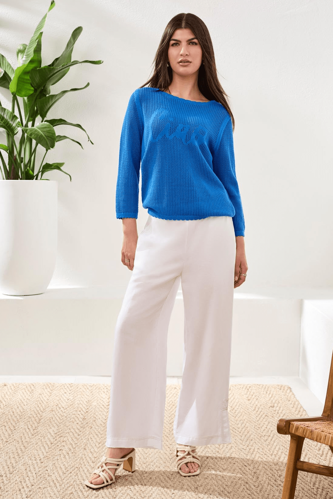 Open - Stitch Embroidered Cotton Crew Neck Sweater by Tribal at Shirley Shoppe