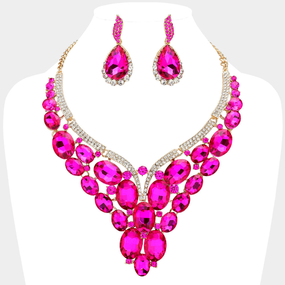 Oval Glass Stone Cluster Embellished Evening Necklace