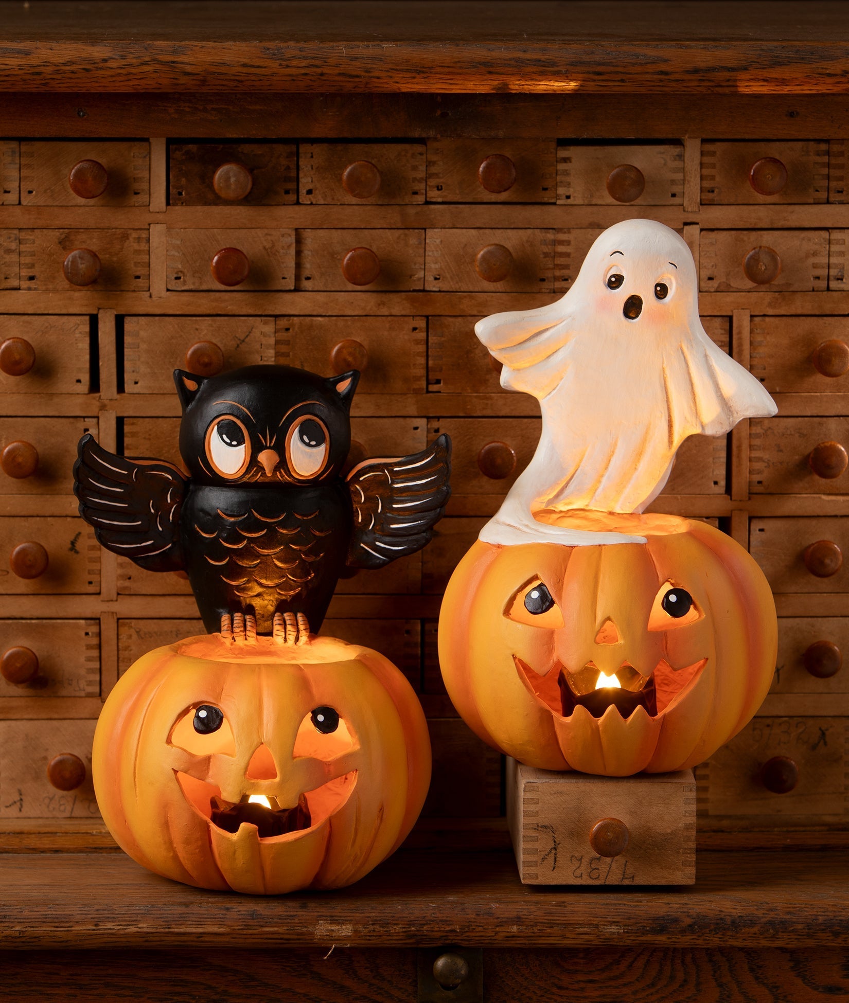 Owl on Jack O'Lantern | Halloween Decor | Bethany Lowe by Quirks! at Shirley Shoppe