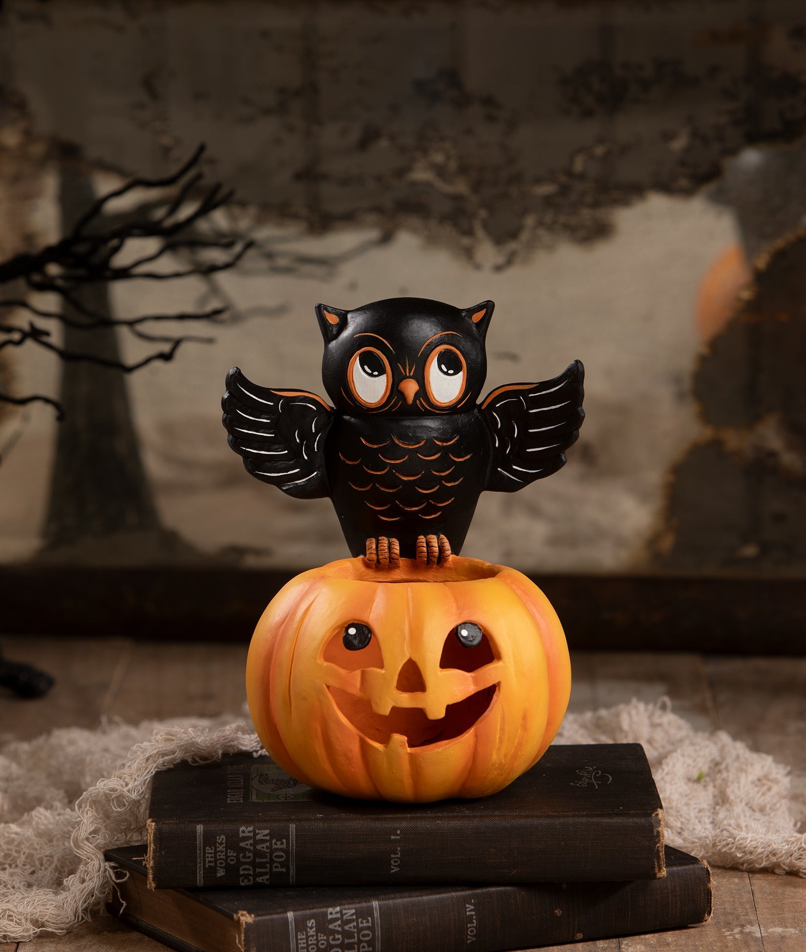 Owl on Jack O'Lantern | Halloween Decor | Bethany Lowe by Quirks! at Shirley Shoppe