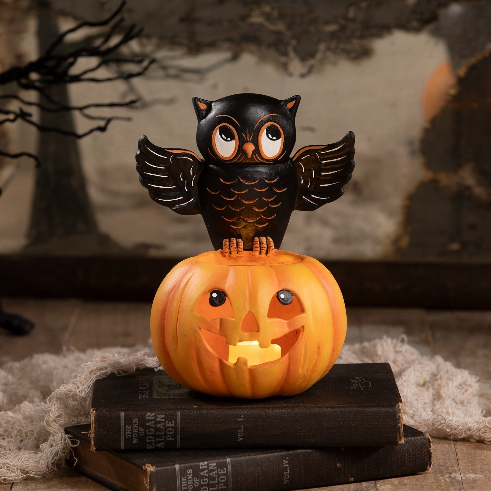Owl on Jack O'Lantern | Halloween Decor | Bethany Lowe by Quirks! at Shirley Shoppe
