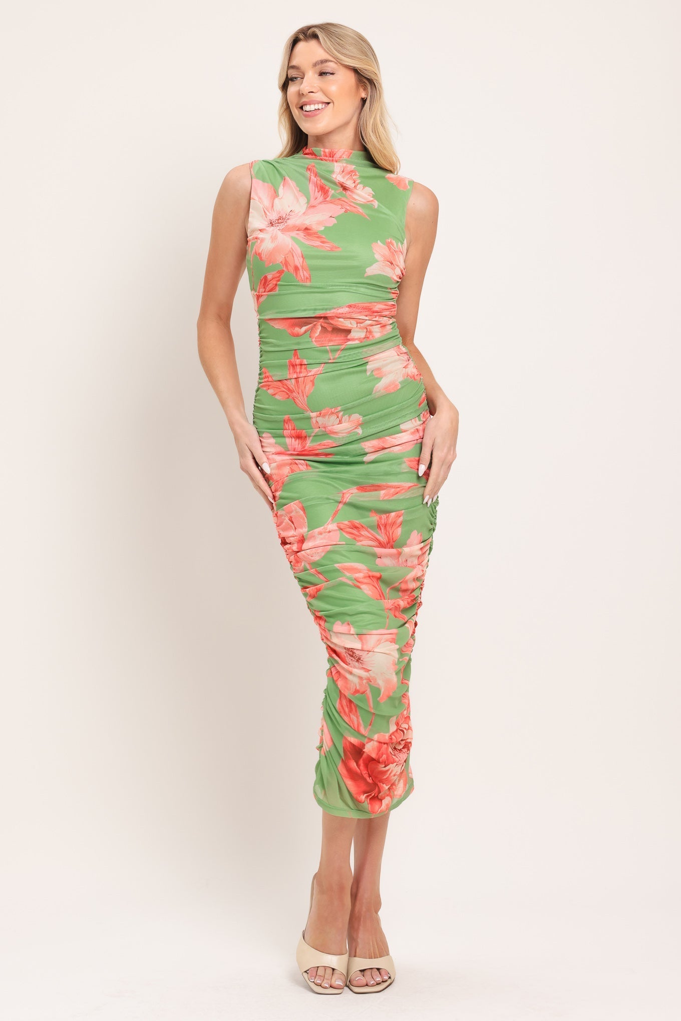 PARADISE GLOW POWER MESH MIDI DRESS by Flying Tomato at Shirley Shoppe