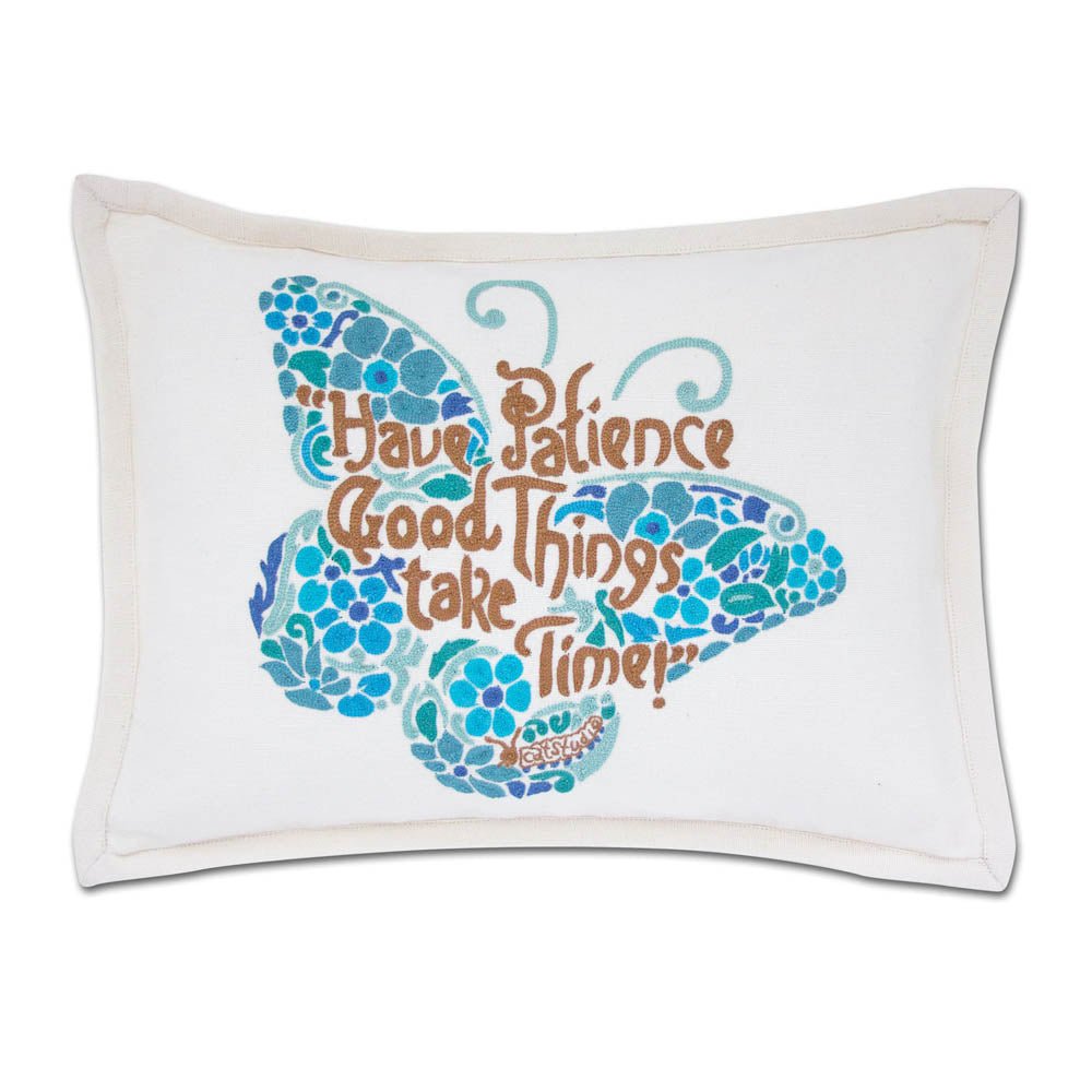 Patience Butterfly Love Letters Hand - Embroidered Pillow - Available in Pink or Blue by CatStudio by Quirks! at Shirley Shoppe