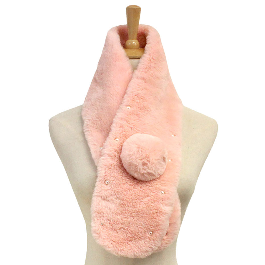 Pearl Embellished Faux Fur Pom Pom Pull Through Scarf