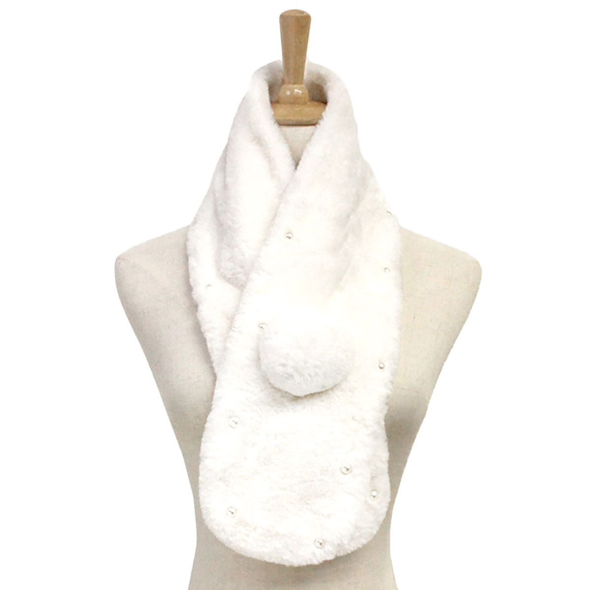 Pearl Embellished Faux Fur Pom Pom Pull Through Scarf