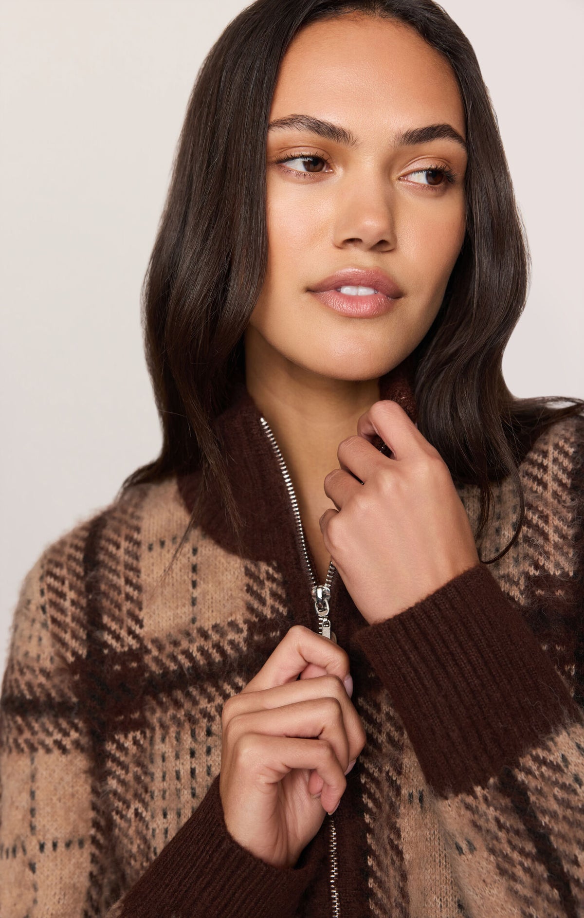 Frostline Plaid Cardigan in Toasted Almond