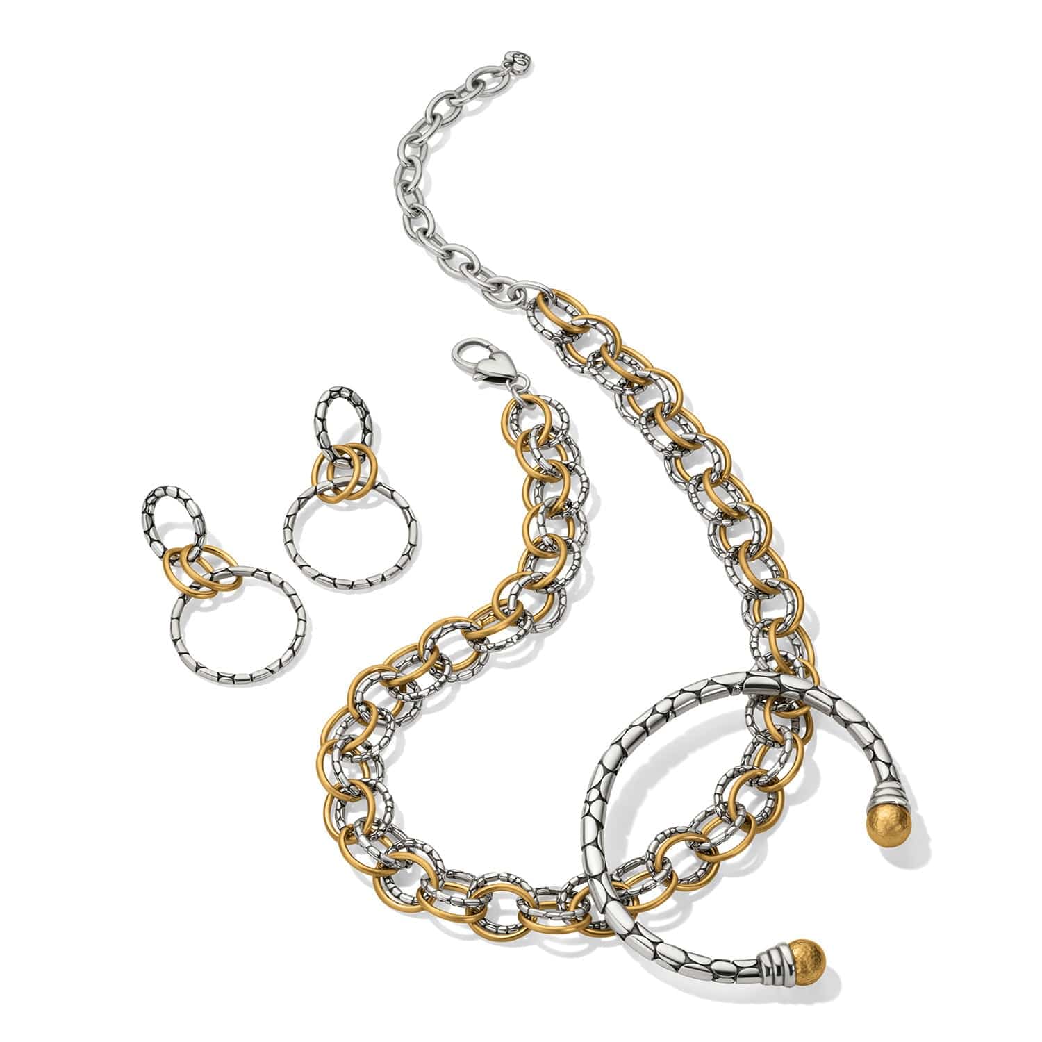 Pebble Link Two Tone Post Drop Earrings