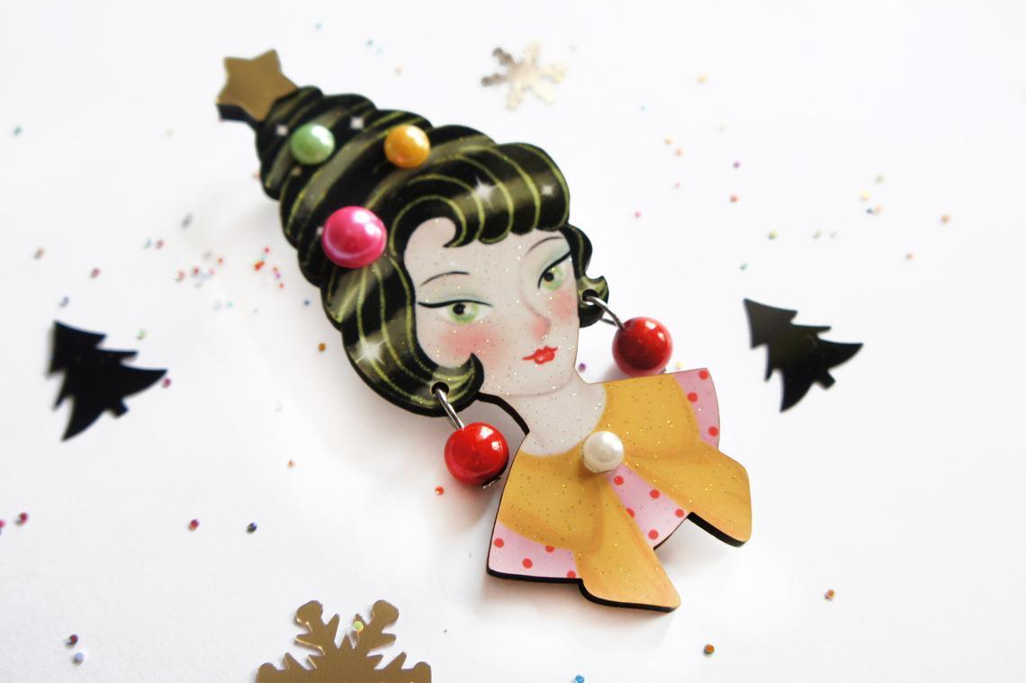 Pin up Lady with Christmas hairstyle Brooch by Laliblue by Quirks! at Shirley Shoppe