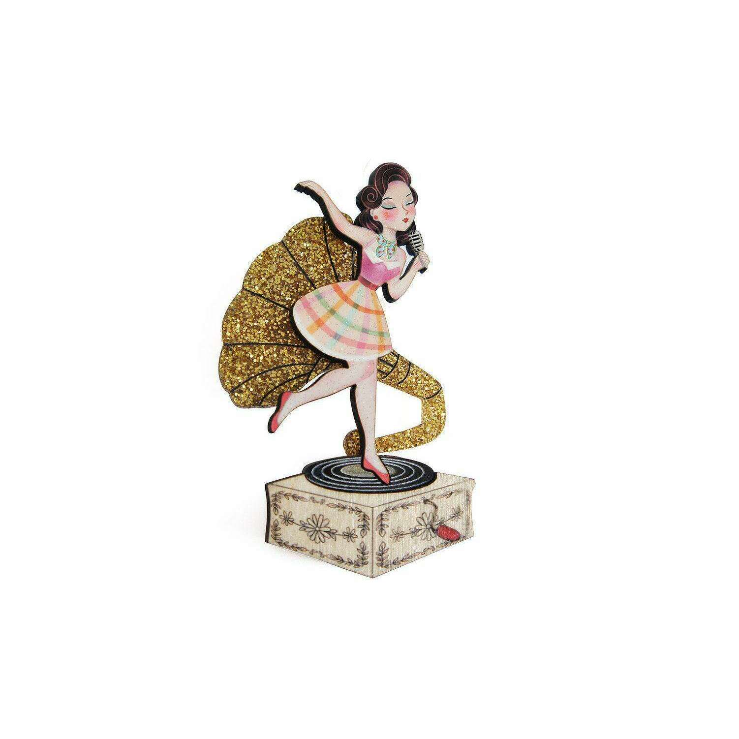 Pin Up Singer w/ Victrola Brooch by Laliblue