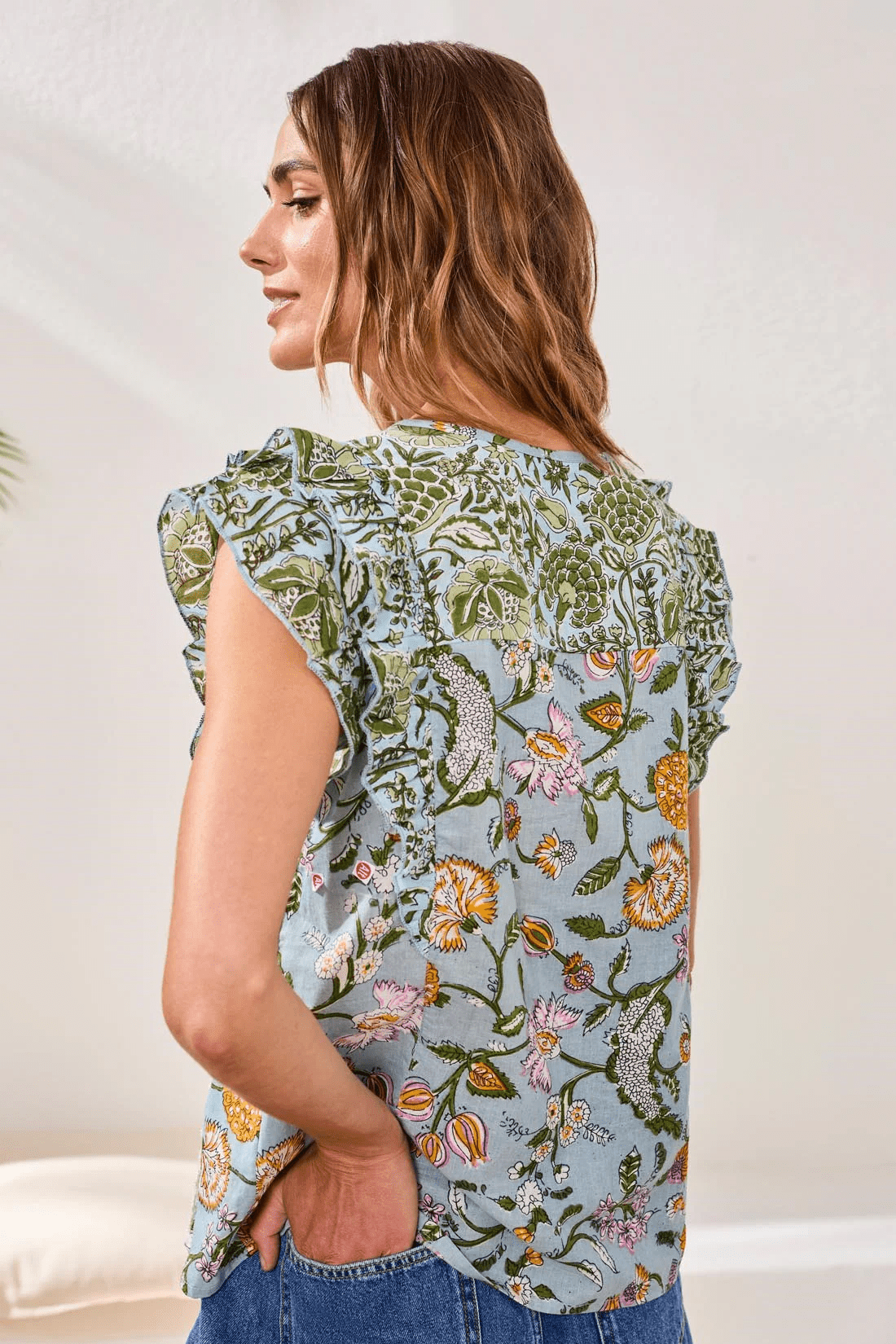 Poplin Novelty Blouse With Frill Cap Sleeves by Tribal at Shirley Shoppe