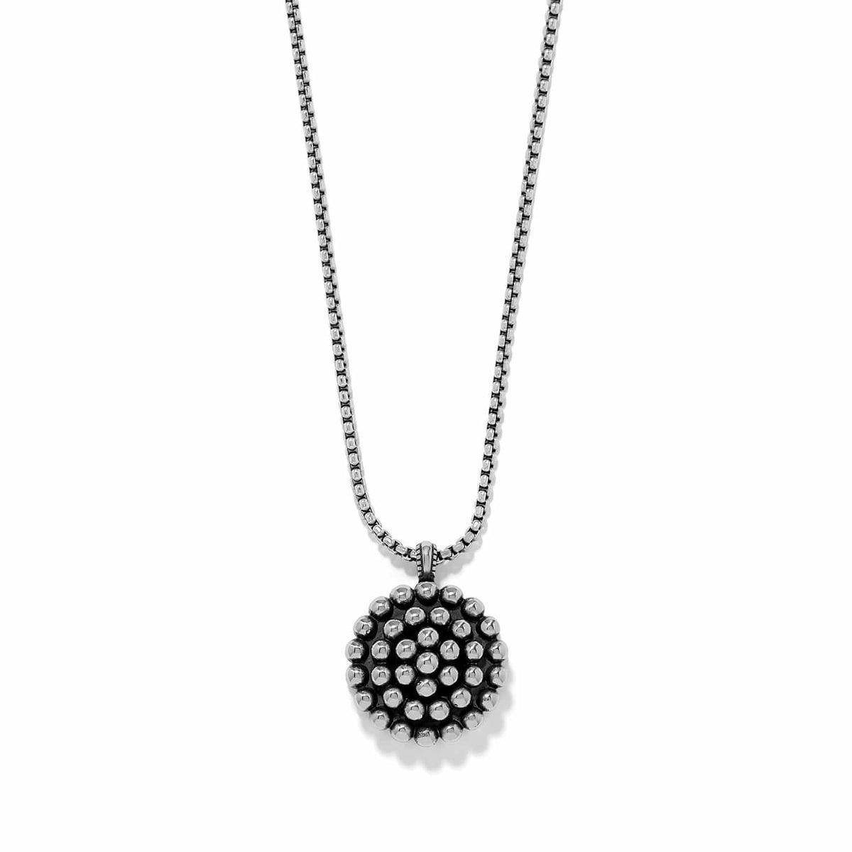 Brighton pendant necklace with silver-plated beaded circular medallion on a box chain on a white background