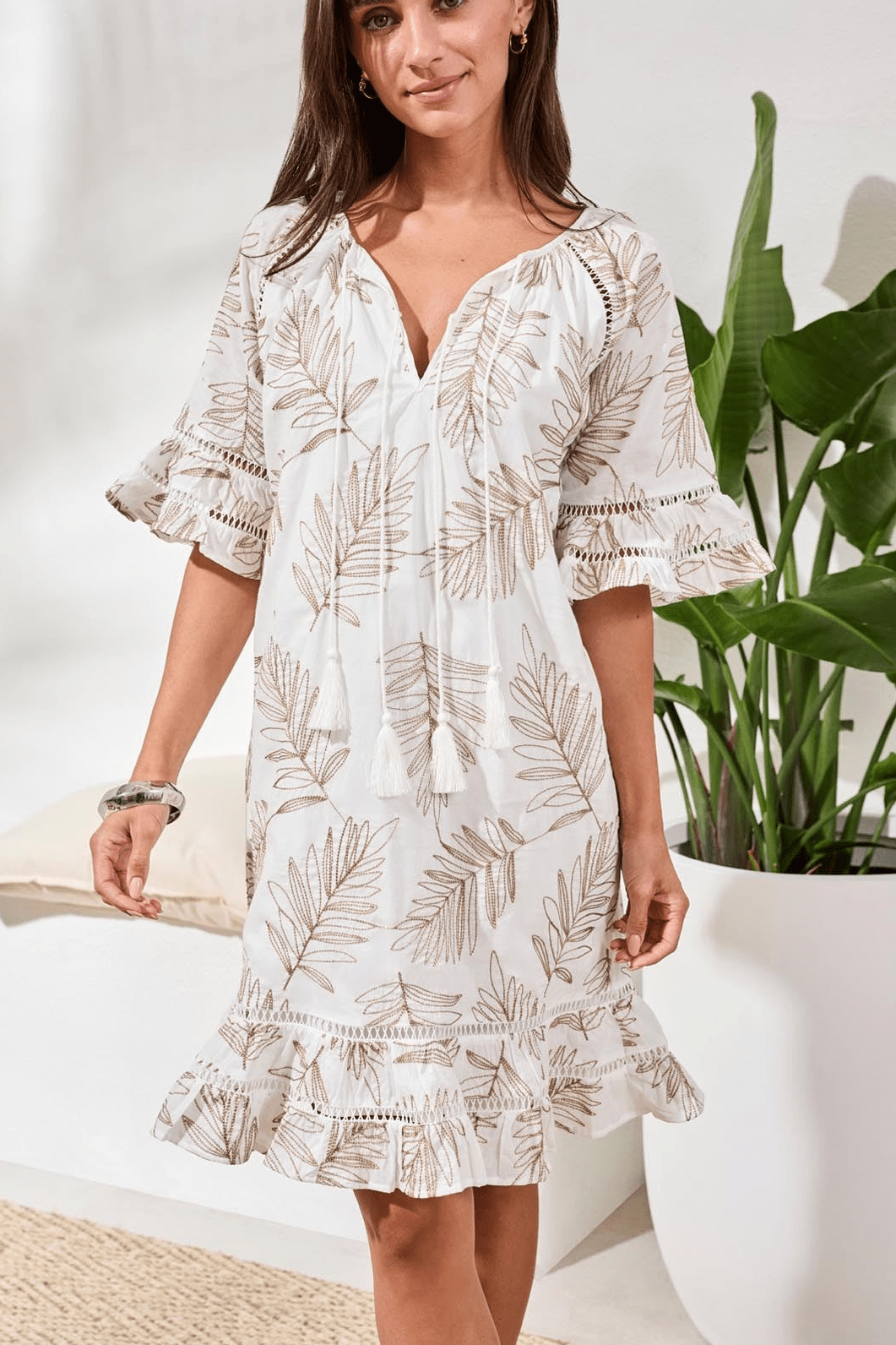 Printed V - Neck Dress With Textured Eyelet Flutter Sleeves by Tribal at Shirley Shoppe