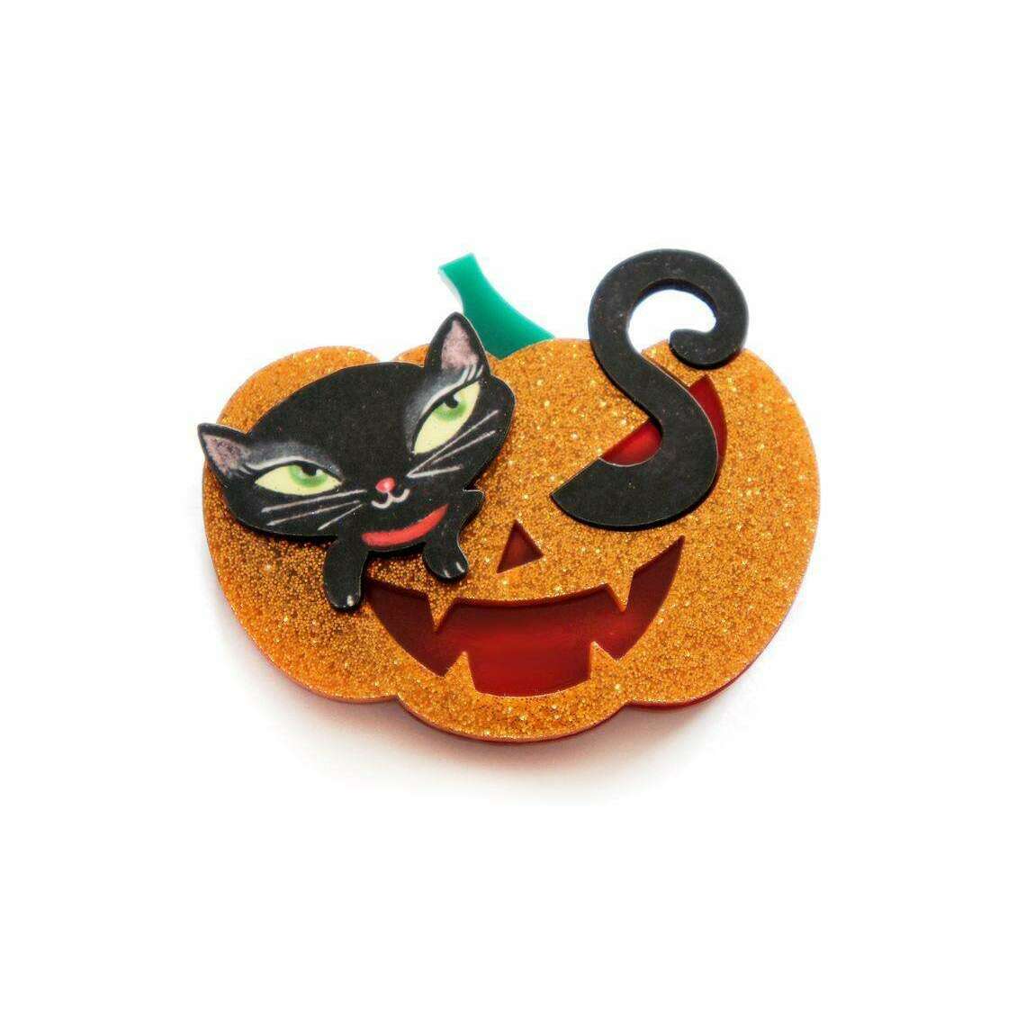 Pumpkin with Black Kitten Brooch by Laliblue