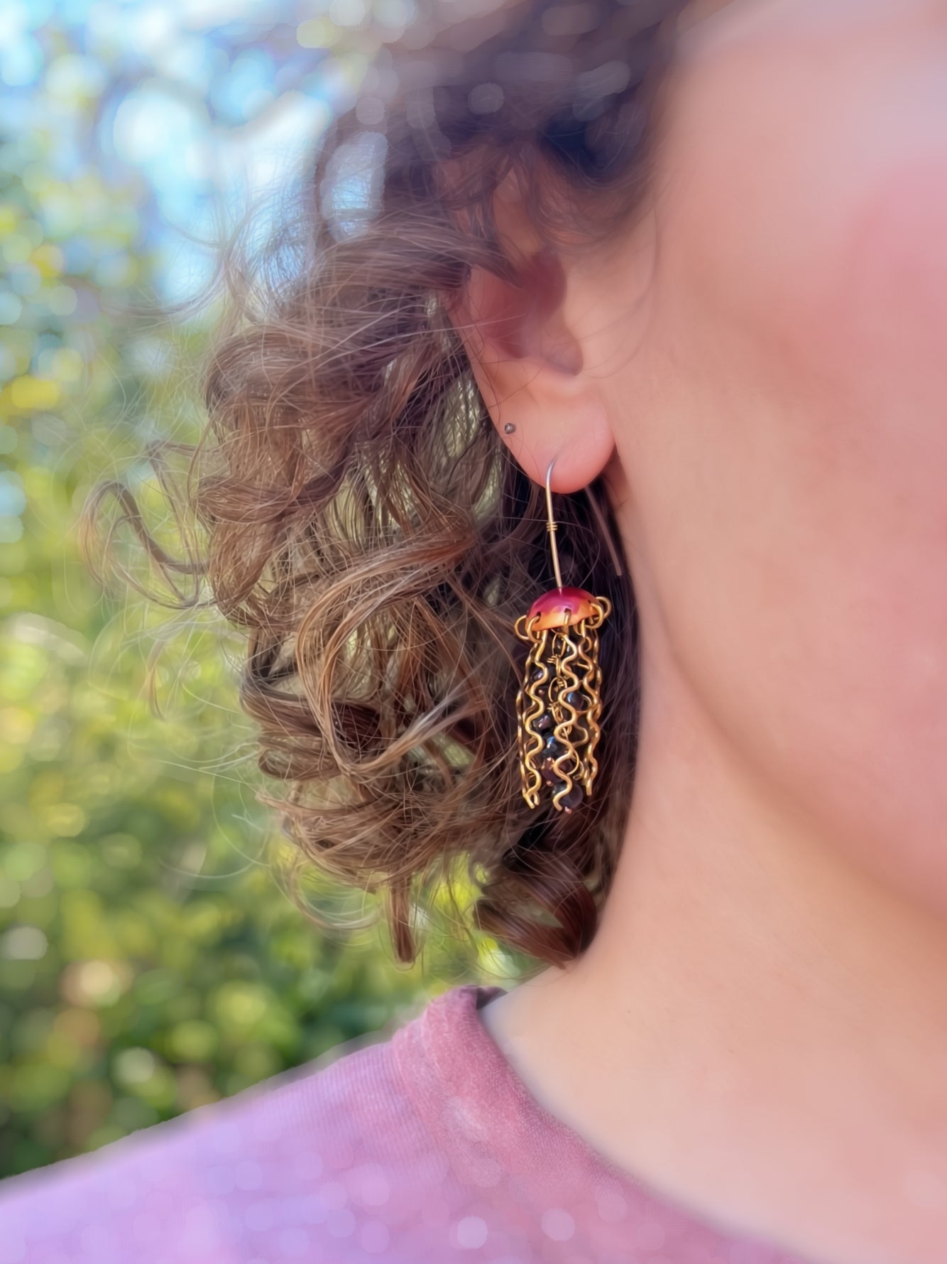 Red Copper Jellyfish Earrings with Dark Pearls and Sterling Silver Earwires by Alison Morse at Shirley Shoppe