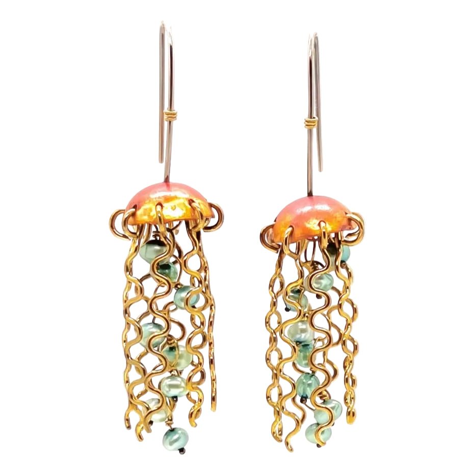Red Copper Jellyfish Earrings with Green Pearls and Sterling Silver Earwires by Alison Morse at Shirley Shoppe