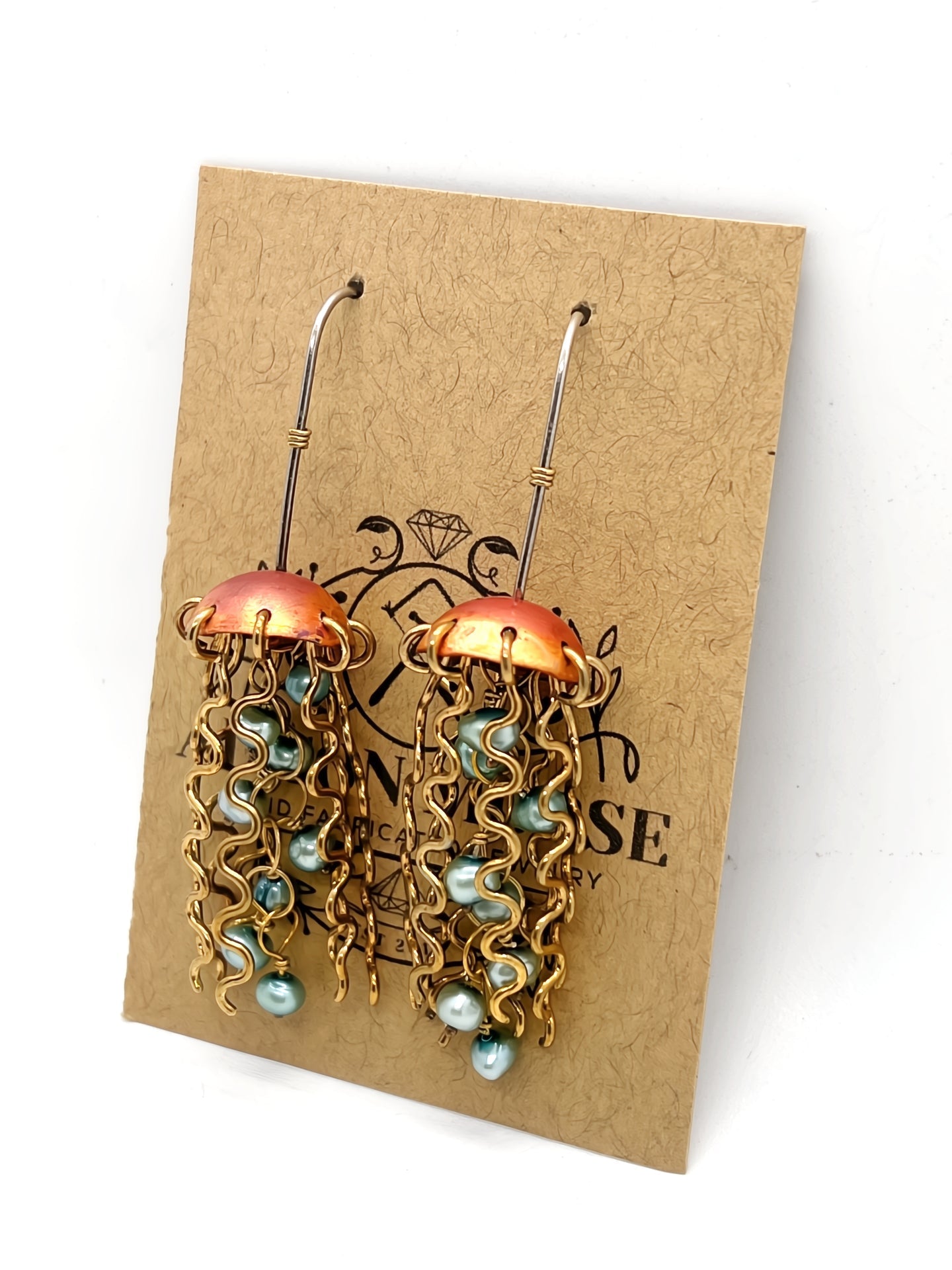 Red Copper Jellyfish Earrings with Green Pearls and Sterling Silver Earwires by Alison Morse at Shirley Shoppe