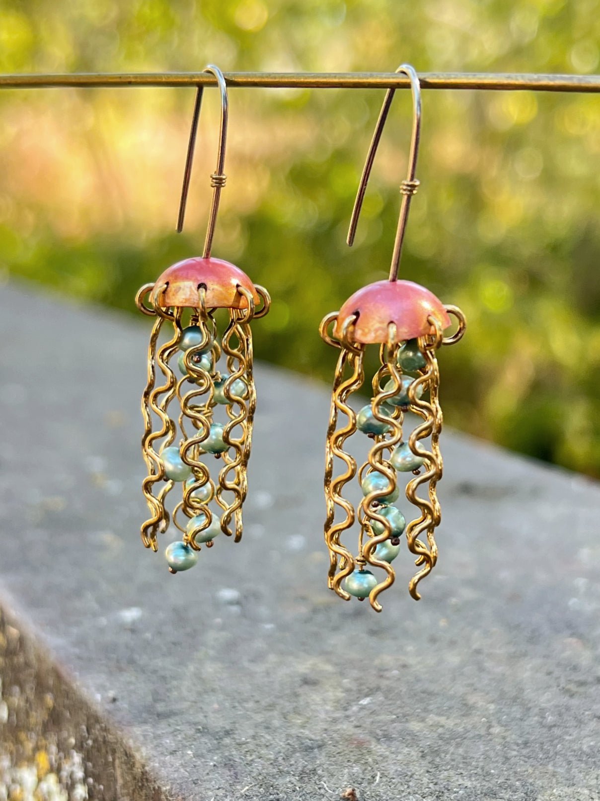 Red Copper Jellyfish Earrings with Green Pearls and Sterling Silver Earwires by Alison Morse at Shirley Shoppe